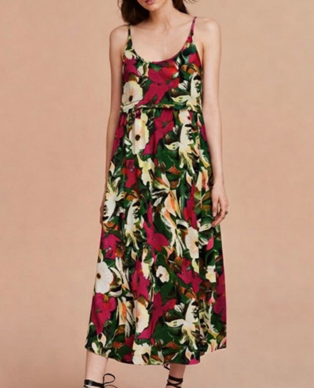 Aritzia Wilfred 100% Silk Bisous Floral Maxi Dress Scoop Spaghetti Strap Midi